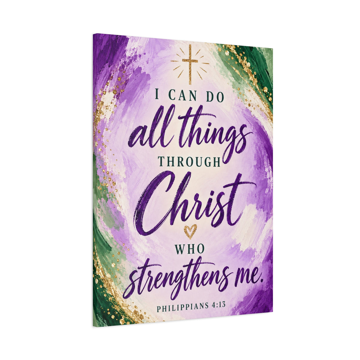 Philippians 4:13 Christian Canvas Wall Art — Purple, Green and Gold Inspirational Bible Verse Decor