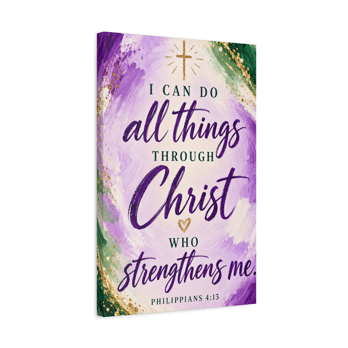 Philippians 4:13 Christian Canvas Wall Art — Purple, Green and Gold Inspirational Bible Verse Decor