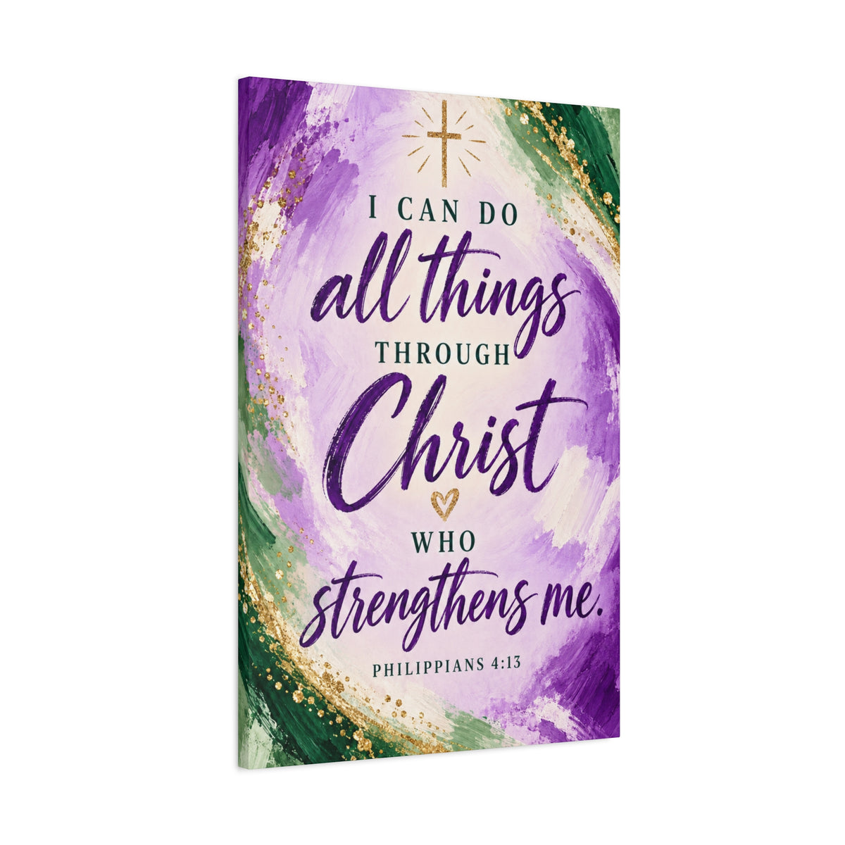 Philippians 4:13 Christian Canvas Wall Art — Purple, Green and Gold Inspirational Bible Verse Decor