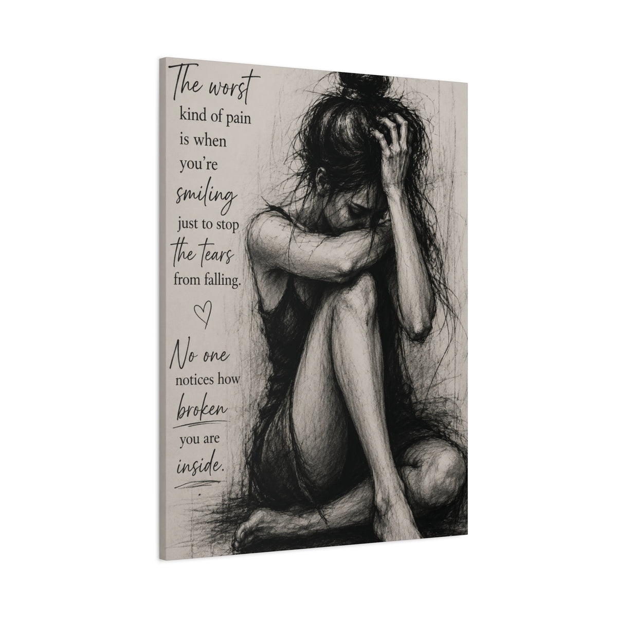 Silent Strength Canvas Wall Art — Emotional Woman Sketch & Healing Quote