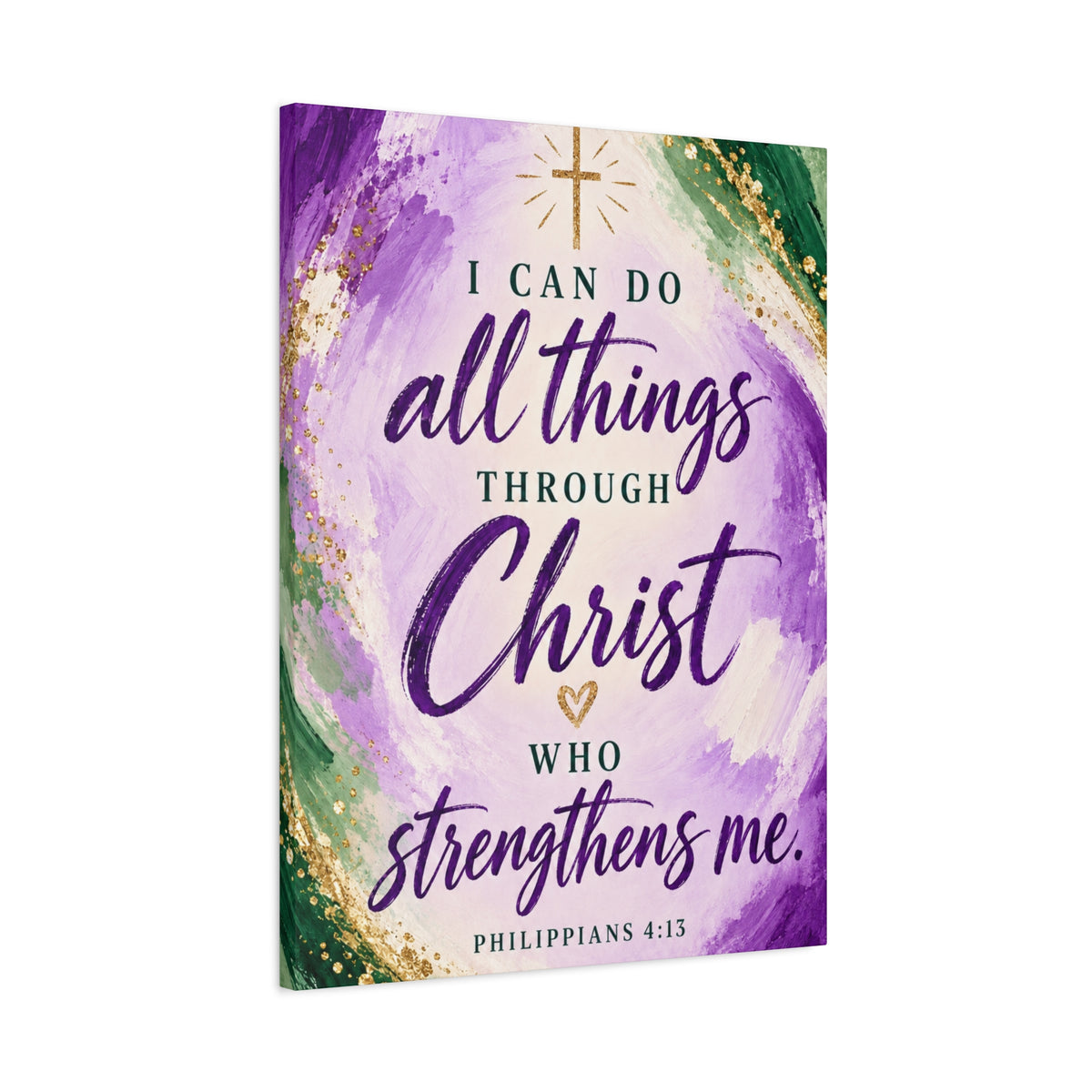 Philippians 4:13 Christian Canvas Wall Art — Purple, Green and Gold Inspirational Bible Verse Decor