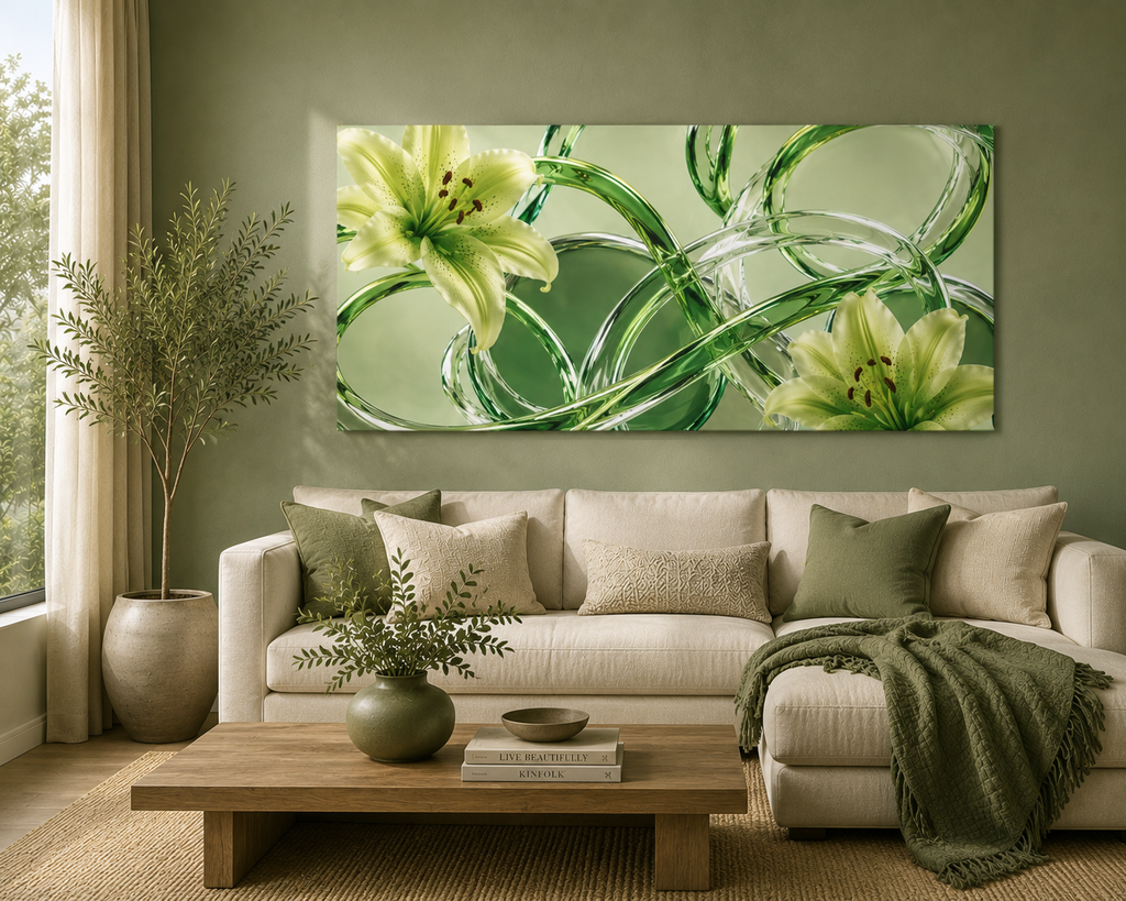 Green Glass Abstract Canvas Wall Art | Modern Botanical Canvas Print | Luxury Minimalist Wall Decor | Living Room Artwork