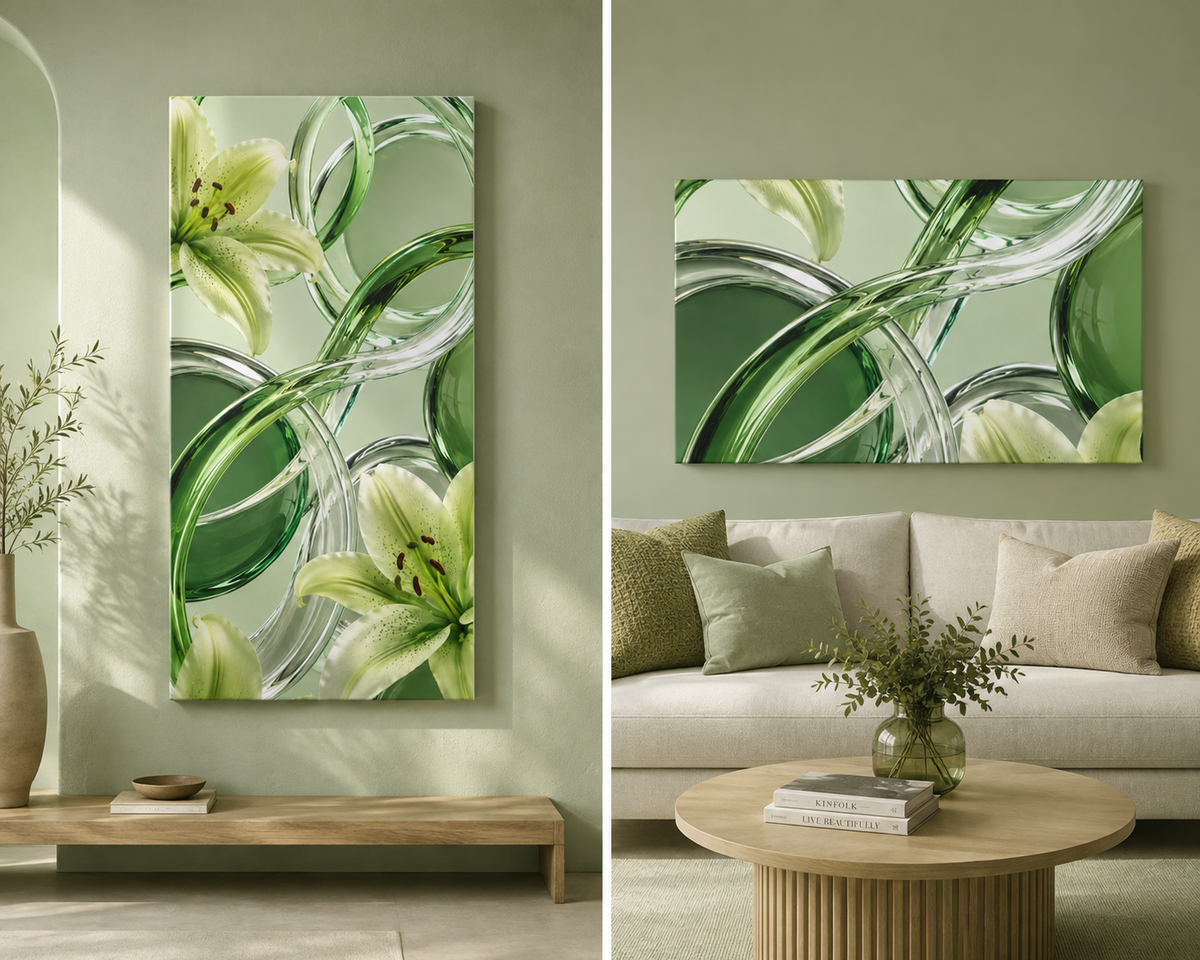 Green Glass Abstract Canvas Wall Art | Modern Botanical Canvas Print | Luxury Minimalist Wall Decor | Living Room Artwork