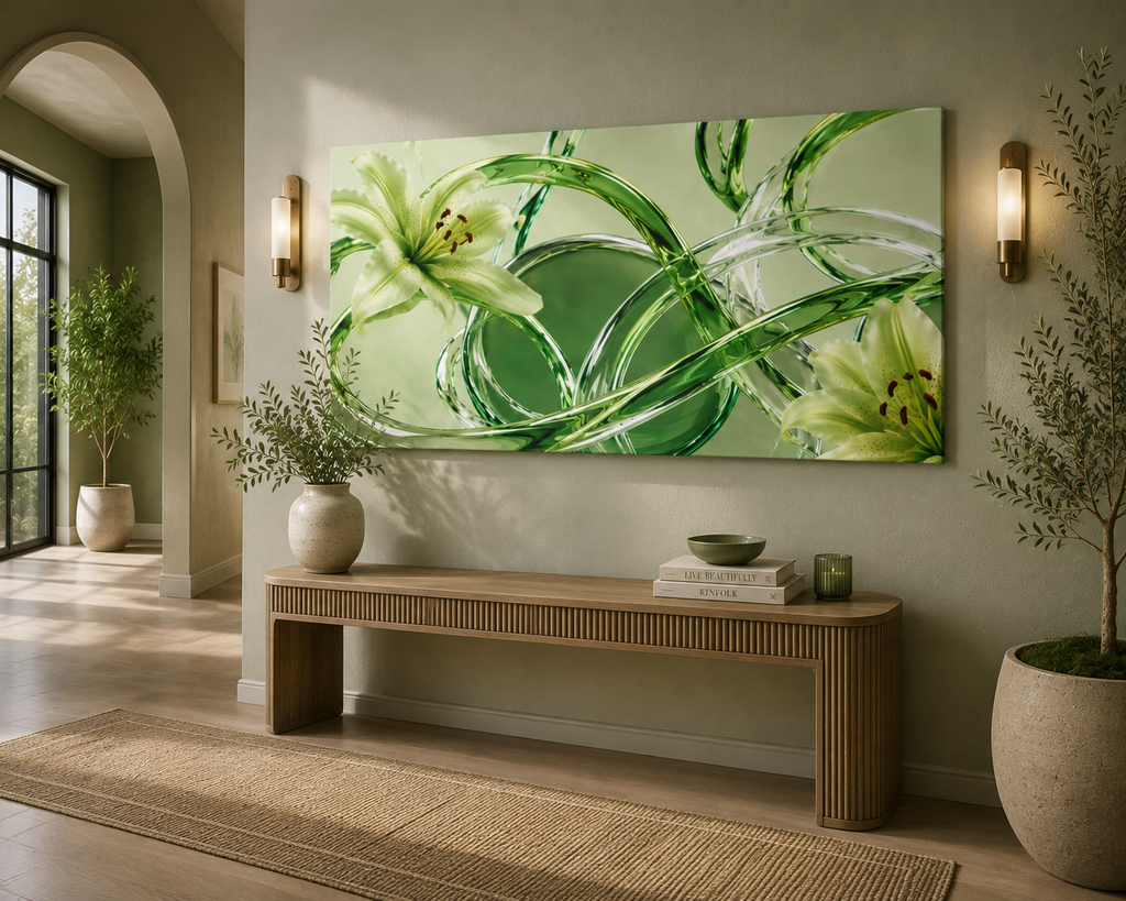 Green Glass Abstract Canvas Wall Art | Modern Botanical Canvas Print | Luxury Minimalist Wall Decor | Living Room Artwork