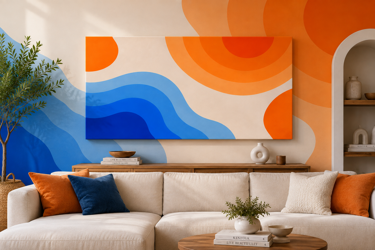 Retro Blue & Orange Abstract Canvas Wall Art | Modern Geometric Matte Canvas Print