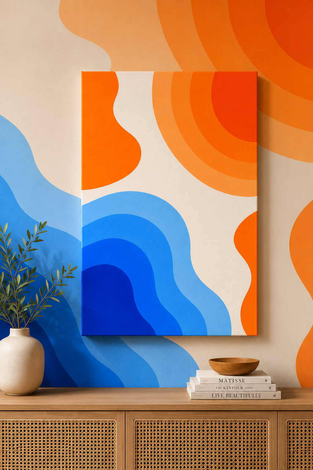 Retro Blue & Orange Abstract Canvas Wall Art | Modern Geometric Matte Canvas Print