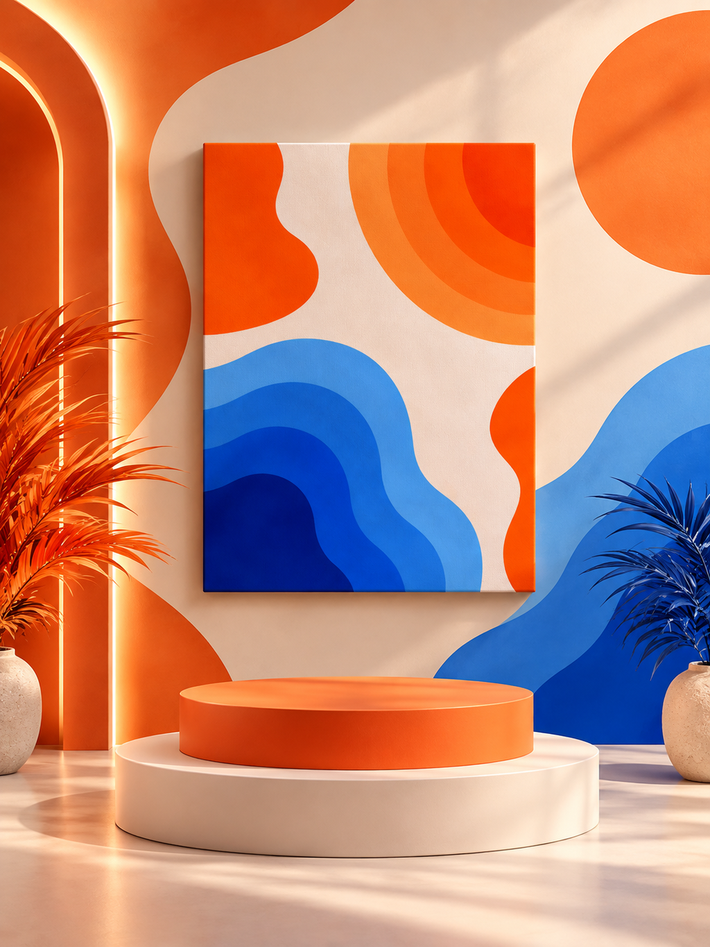 Retro Blue & Orange Abstract Canvas Wall Art | Modern Geometric Matte Canvas Print