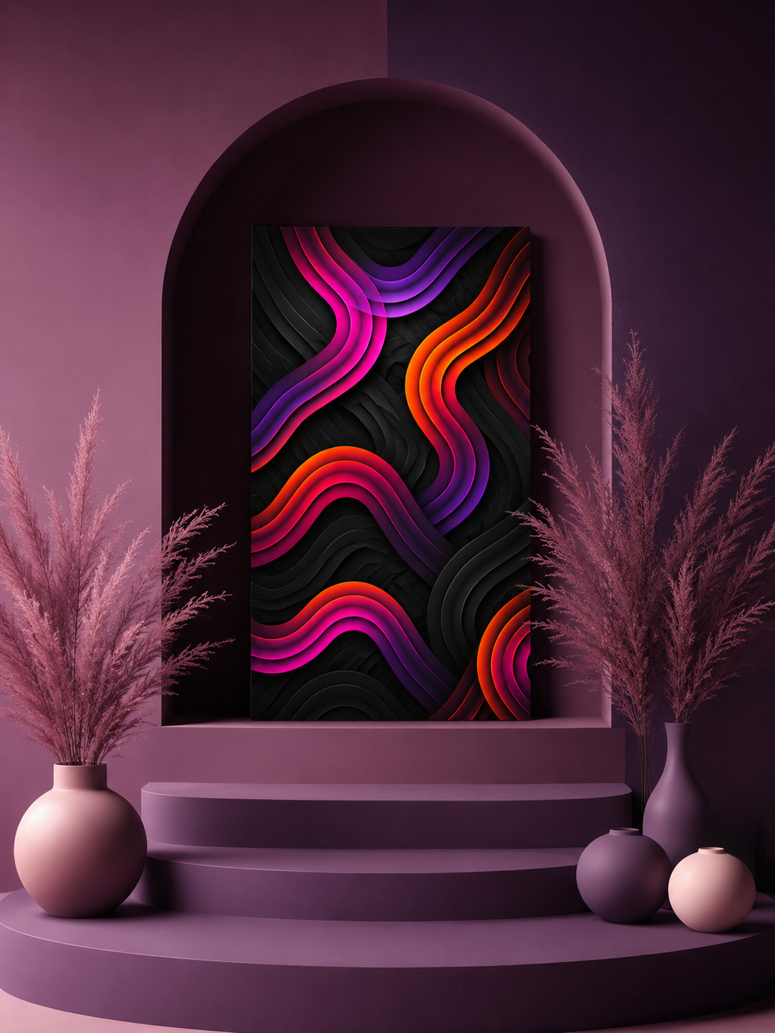 Neon Glow Waves Canvas Wall Art — Black, Hot Pink, Purple & Orange Abstract Print