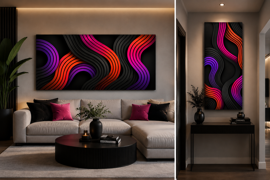 Neon Glow Waves Canvas Wall Art — Black, Hot Pink, Purple & Orange Abstract Print