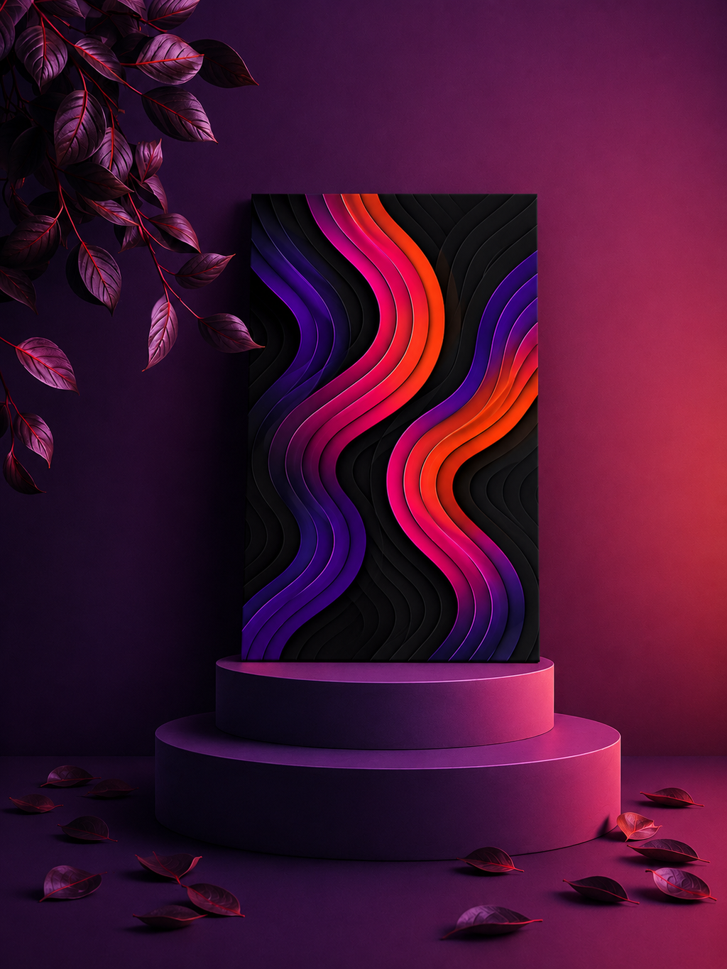 Neon Glow Waves Canvas Wall Art — Black, Hot Pink, Purple & Orange Abstract Print