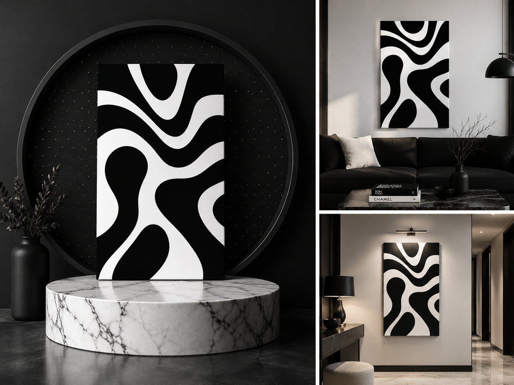 Abstract Black & White Waves Canvas Print — Modern Minimalist Wall Art