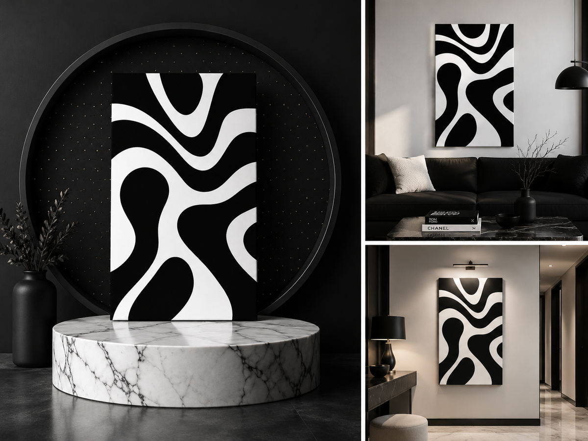 Abstract Black & White Waves Canvas Print — Modern Minimalist Wall Art