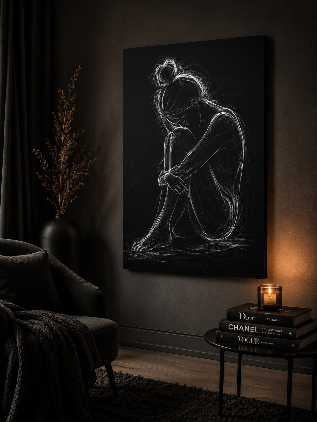 Quiet Strength Woman Canvas Wall Art — Black & White Abstract Line Art