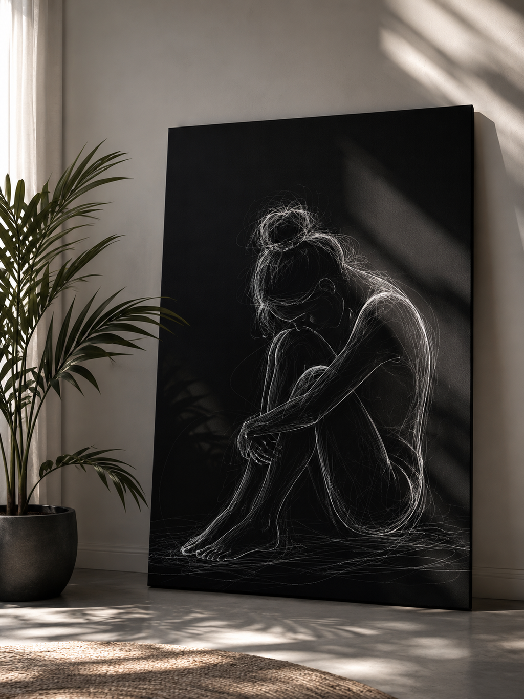 Quiet Strength Woman Canvas Wall Art — Black & White Abstract Line Art
