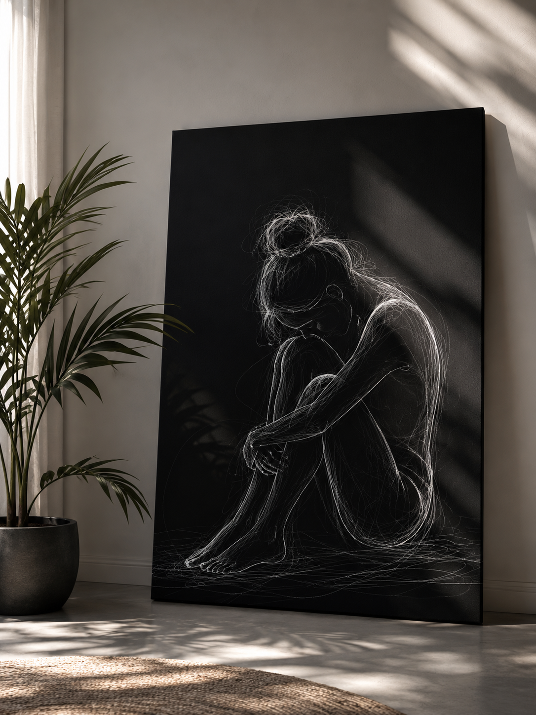 Quiet Strength Woman Canvas Wall Art — Black & White Abstract Line Art