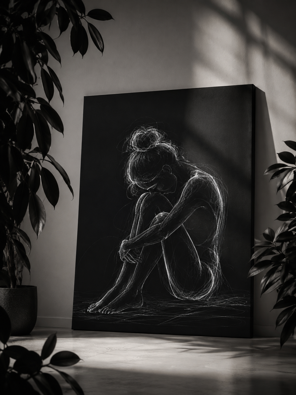 Quiet Strength Woman Canvas Wall Art — Black & White Abstract Line Art