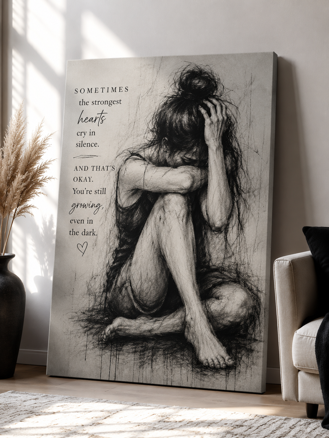 Silent Strength Canvas Wall Art — Emotional Woman Sketch & Healing Quote