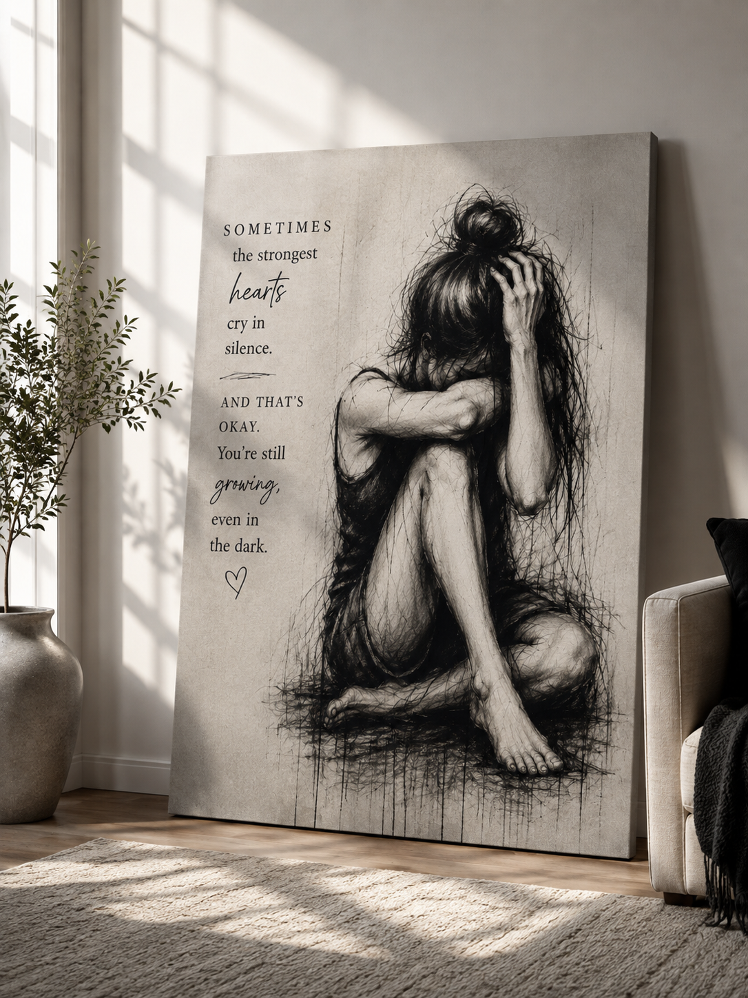 Silent Strength Canvas Wall Art — Emotional Woman Sketch & Healing Quote