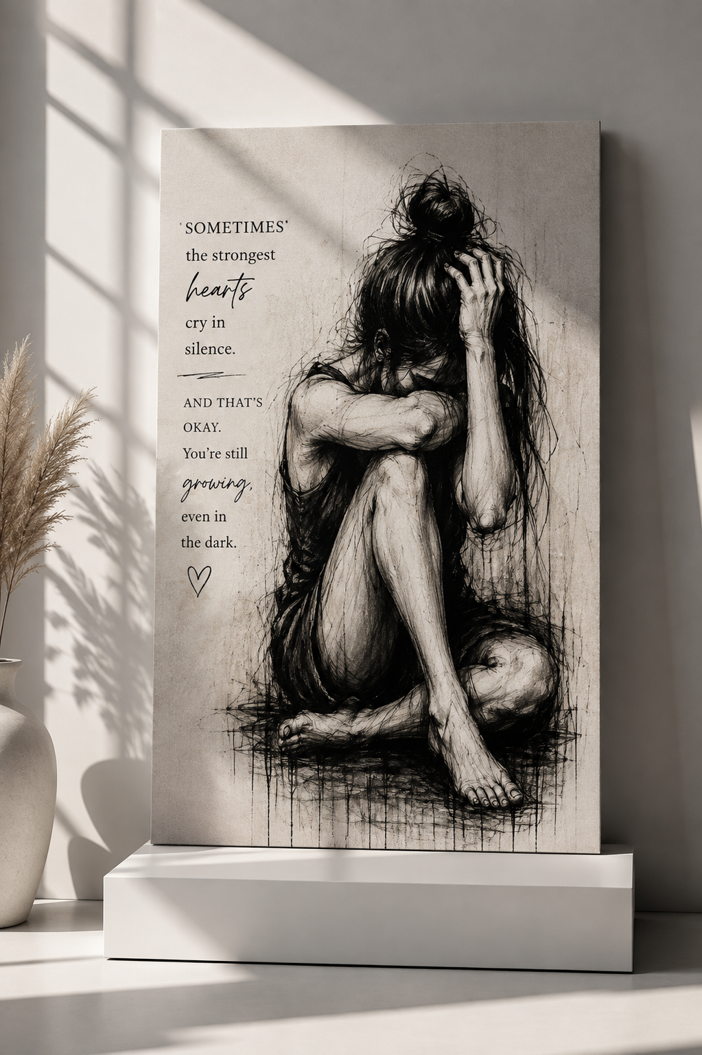 Silent Strength Canvas Wall Art — Emotional Woman Sketch & Healing Quote