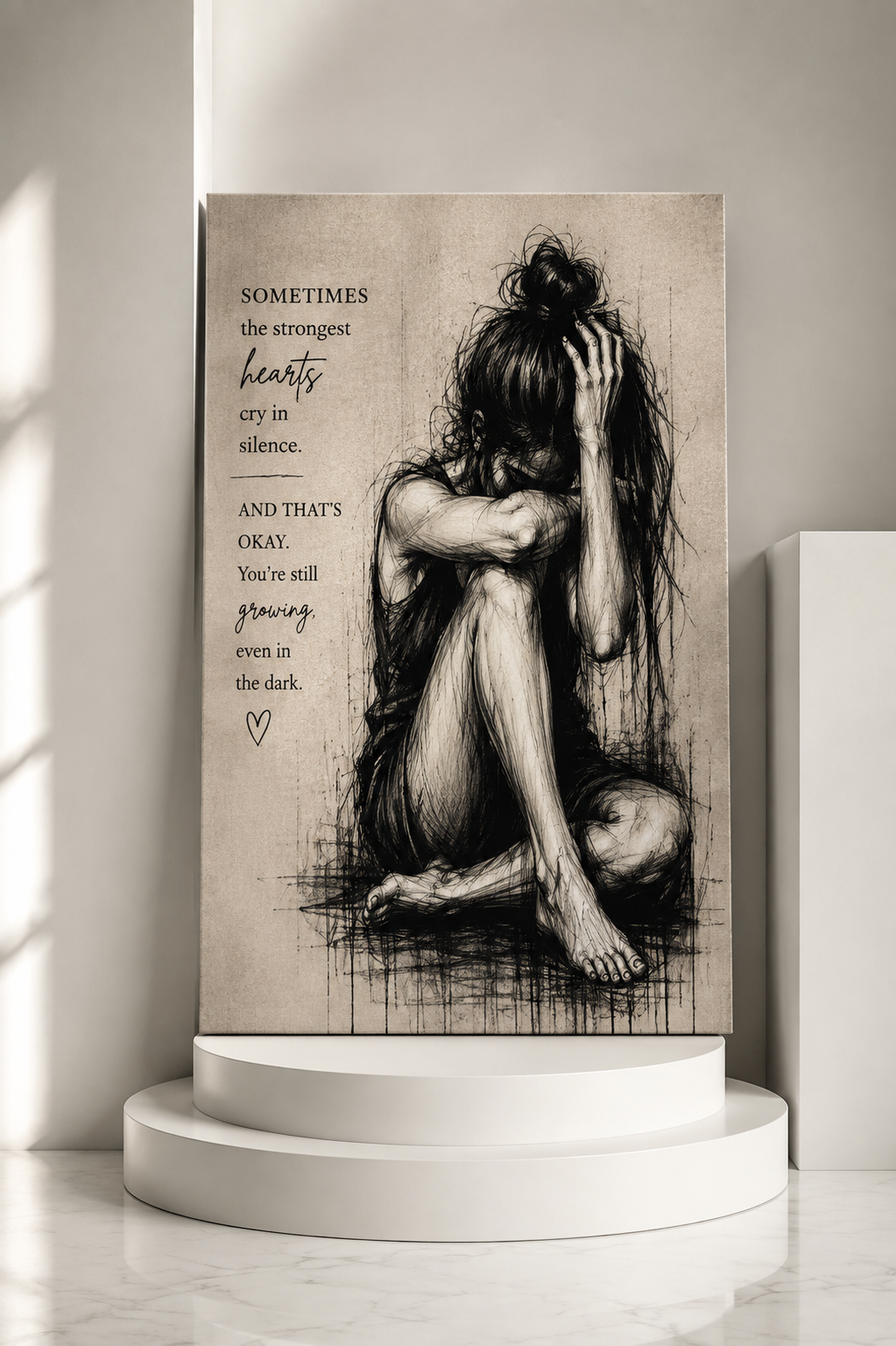 Silent Strength Canvas Wall Art — Emotional Woman Sketch & Healing Quote