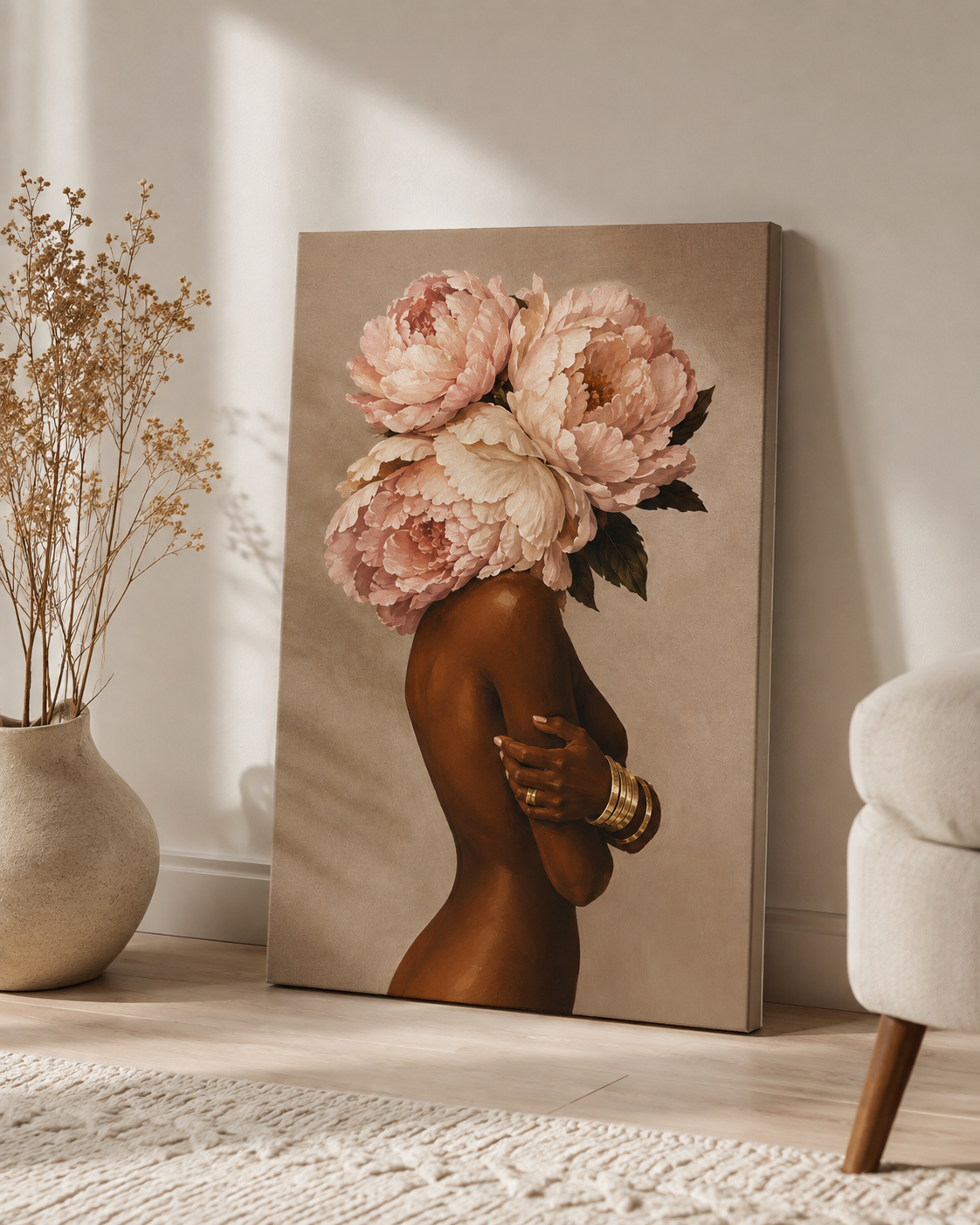Floral Crown Muse Matte Canvas Wall Art — Blush Peony Floral Woman Portrait