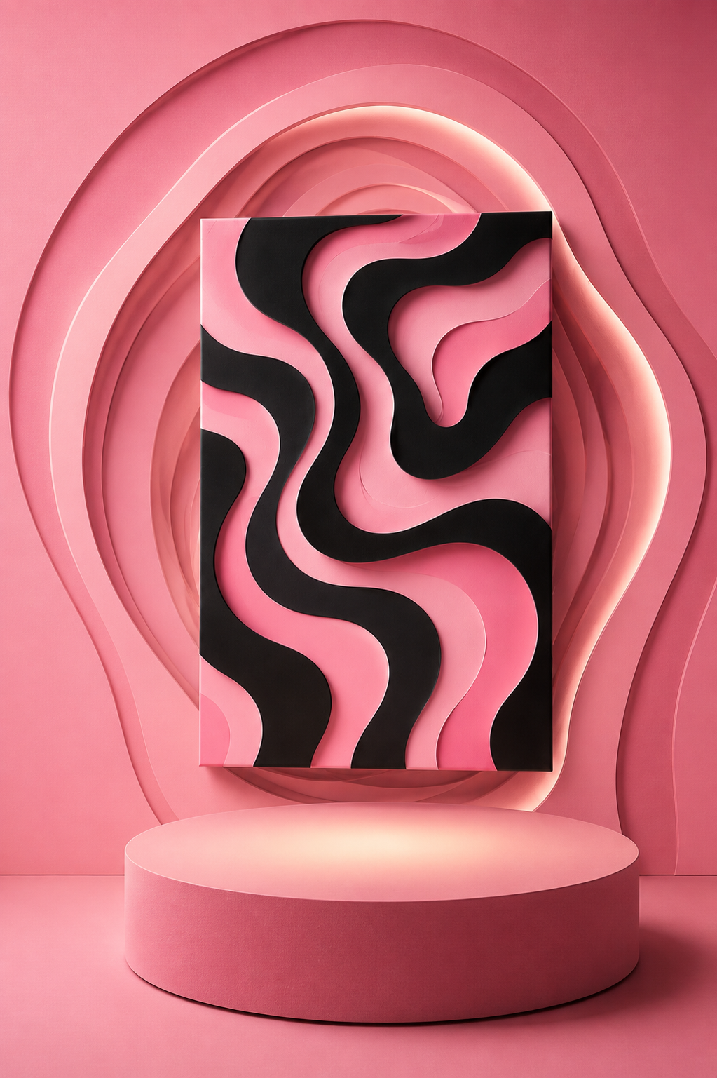 Pink & Black Flow Matte Canvas Wall Art — Modern Abstract Layered Waves