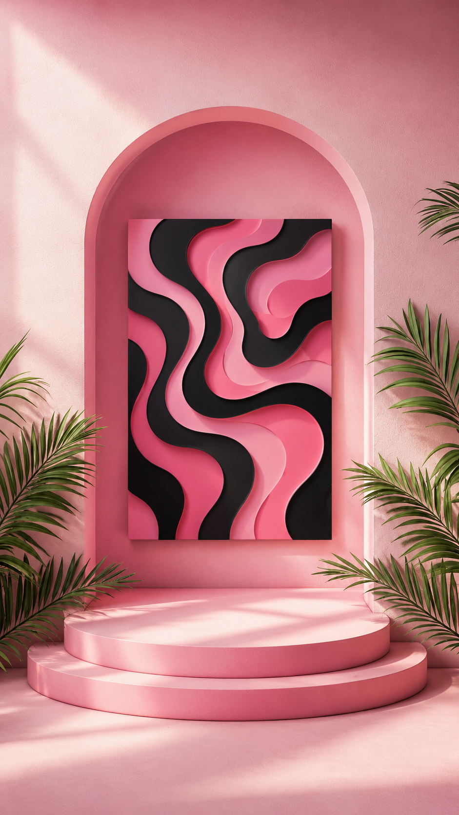 Pink & Black Flow Matte Canvas Wall Art — Modern Abstract Layered Waves