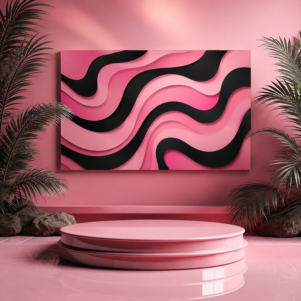 Pink & Black Flow Matte Canvas Wall Art — Modern Abstract Layered Waves