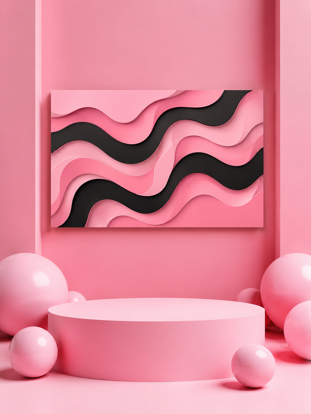 Pink & Black Flow Matte Canvas Wall Art — Modern Abstract Layered Waves