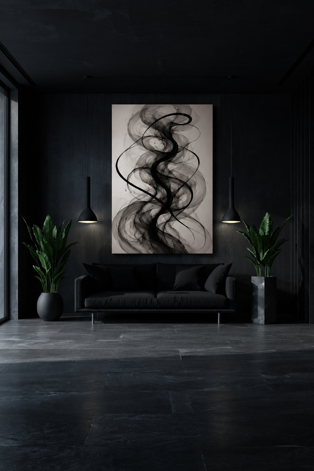 Abstract Black Smoke Vertical Canvas Art – Modern Minimalist Wall Decor for Living Room & Bedroom
