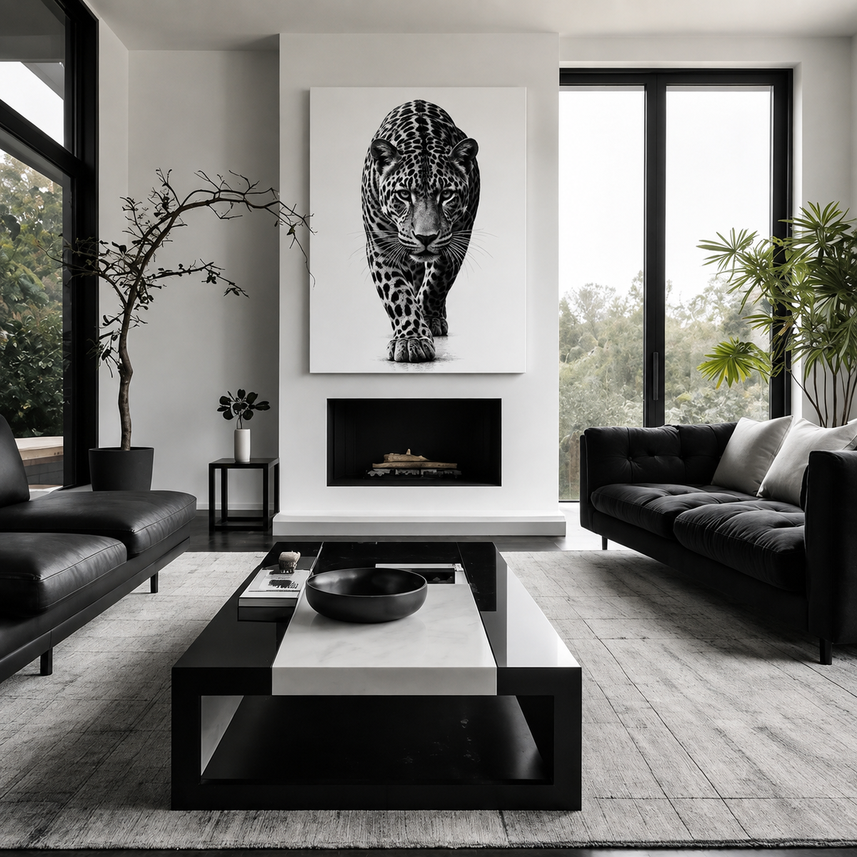 Black Panther Canvas Wall Art – Modern Black & White Wildlife Stretched Canvas