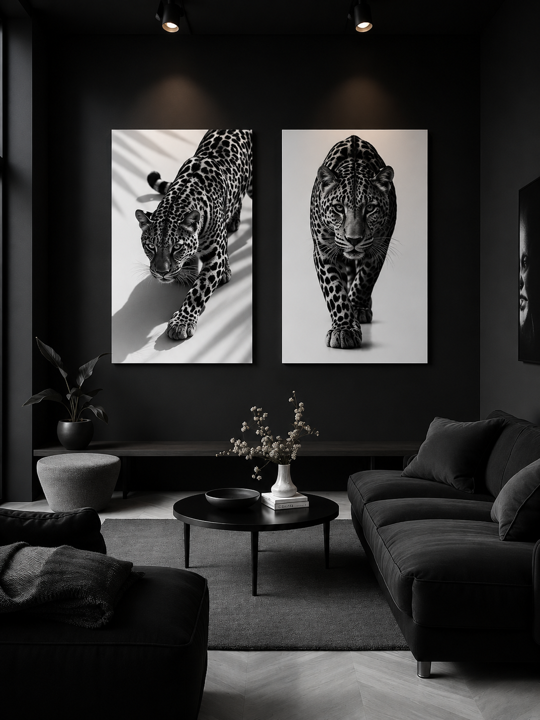 Black Panther Canvas Wall Art – Modern Black & White Wildlife Stretched Canvas
