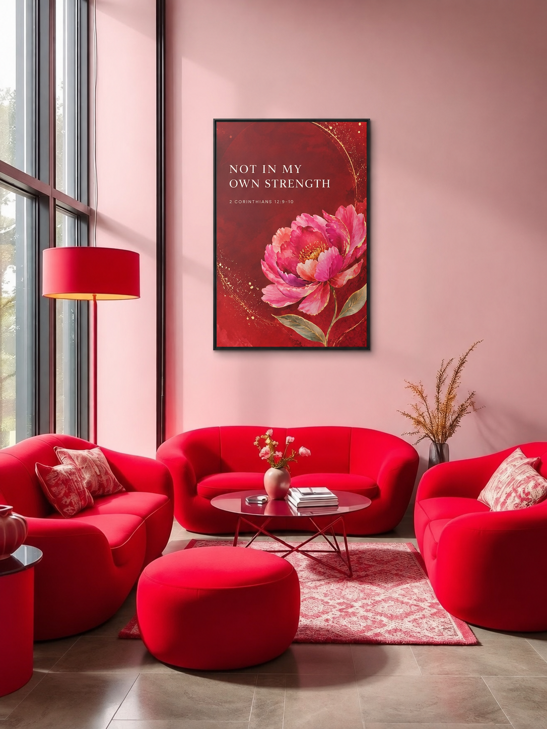 Framed Floral Scripture Canvas – “Not in My Own Strength” (1 Corinthians 15:10)