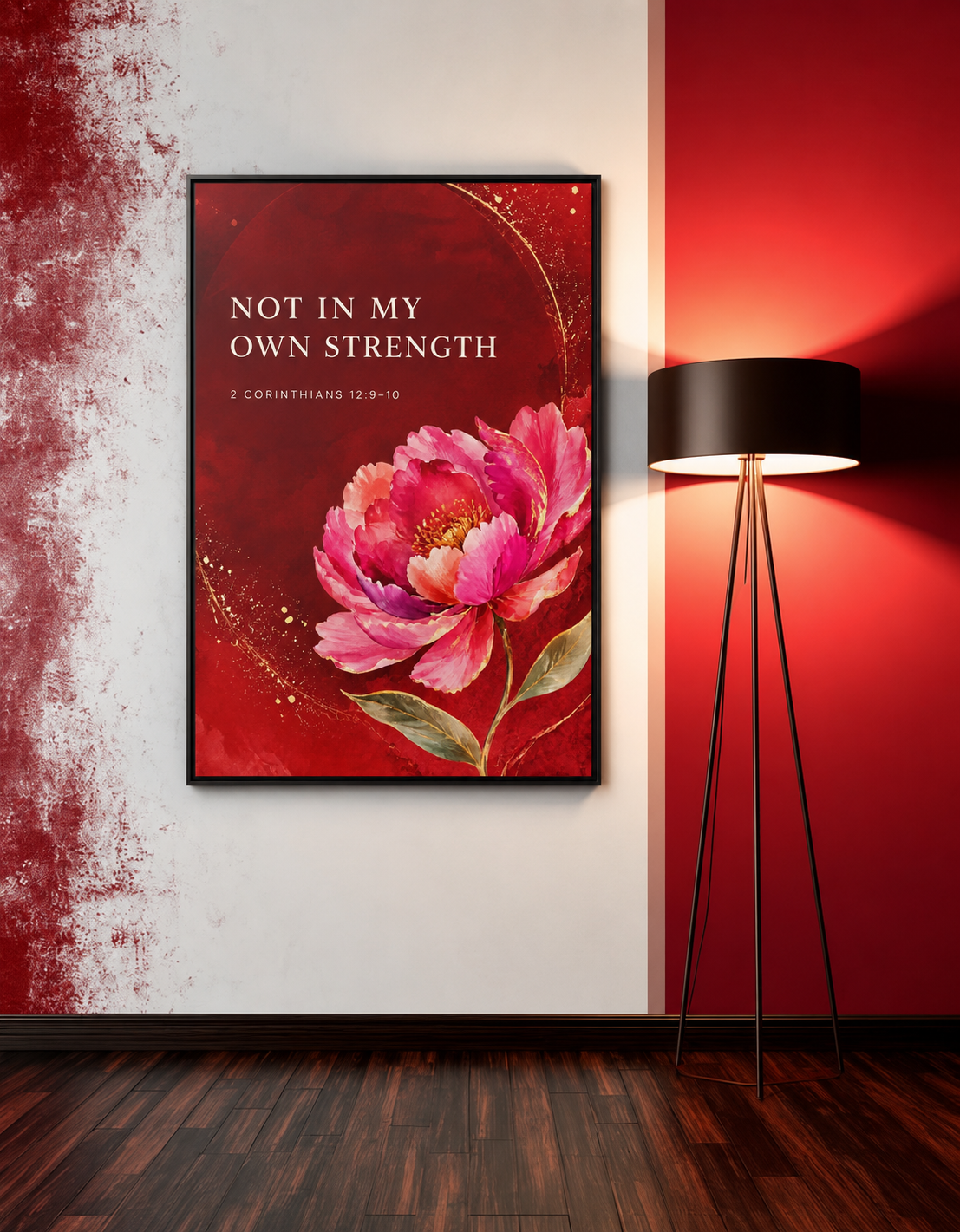 Framed Floral Scripture Canvas – “Not in My Own Strength” (1 Corinthians 15:10)