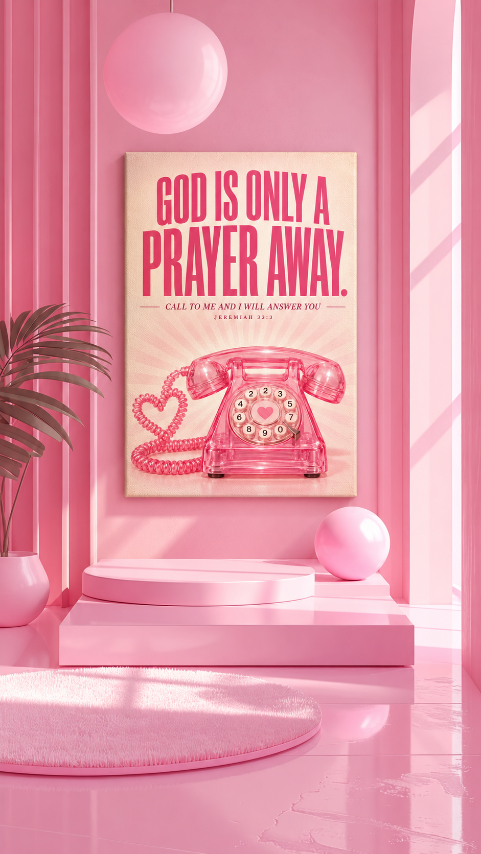 God Is Only a Prayer Away Matte Canvas Wall Art — Pink Retro Telephone, Jeremiah 33:3