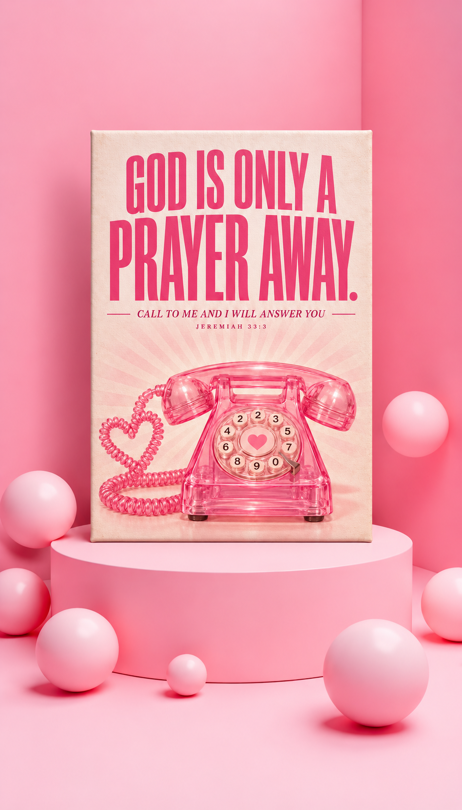 God Is Only a Prayer Away Matte Canvas Wall Art — Pink Retro Telephone, Jeremiah 33:3