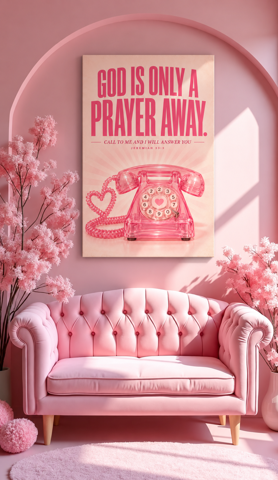 God Is Only a Prayer Away Matte Canvas Wall Art — Pink Retro Telephone, Jeremiah 33:3
