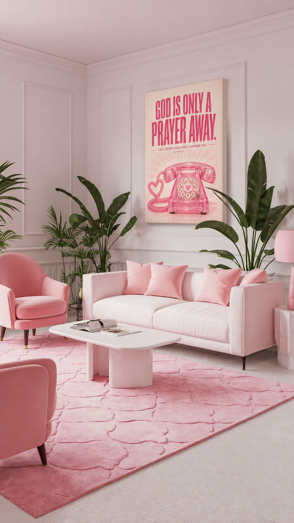 God Is Only a Prayer Away Matte Canvas Wall Art — Pink Retro Telephone, Jeremiah 33:3