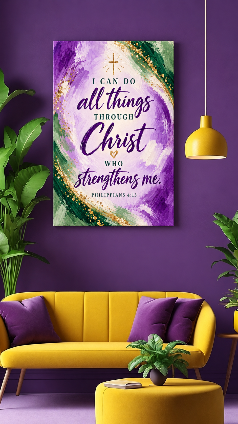 Philippians 4:13 Christian Canvas Wall Art — Purple, Green and Gold Inspirational Bible Verse Decor