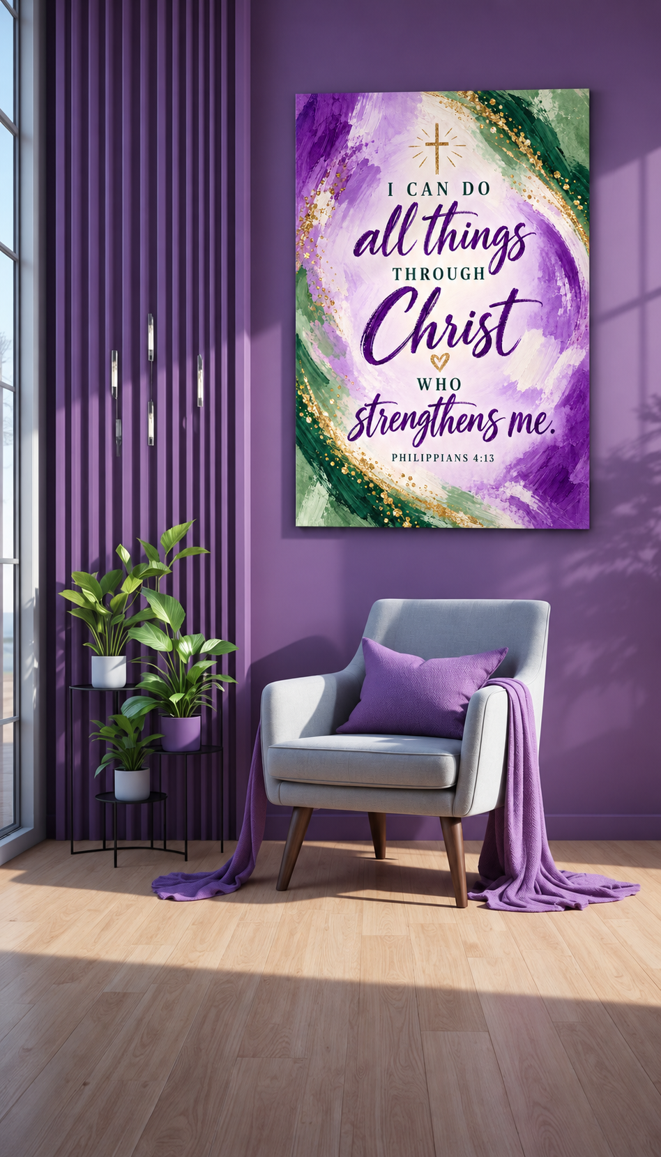 Philippians 4:13 Christian Canvas Wall Art — Purple, Green and Gold Inspirational Bible Verse Decor