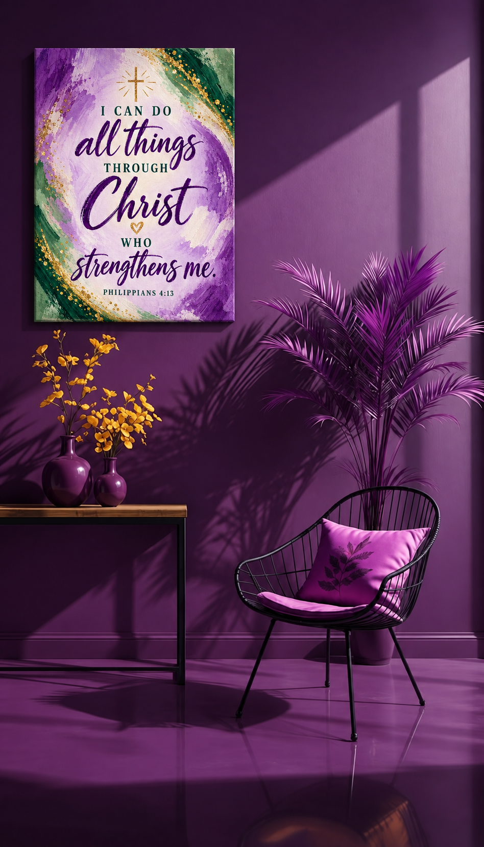 Philippians 4:13 Christian Canvas Wall Art — Purple, Green and Gold Inspirational Bible Verse Decor