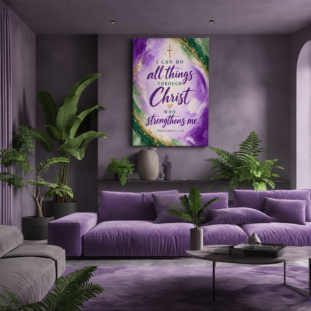 Philippians 4:13 Christian Canvas Wall Art — Purple, Green and Gold Inspirational Bible Verse Decor