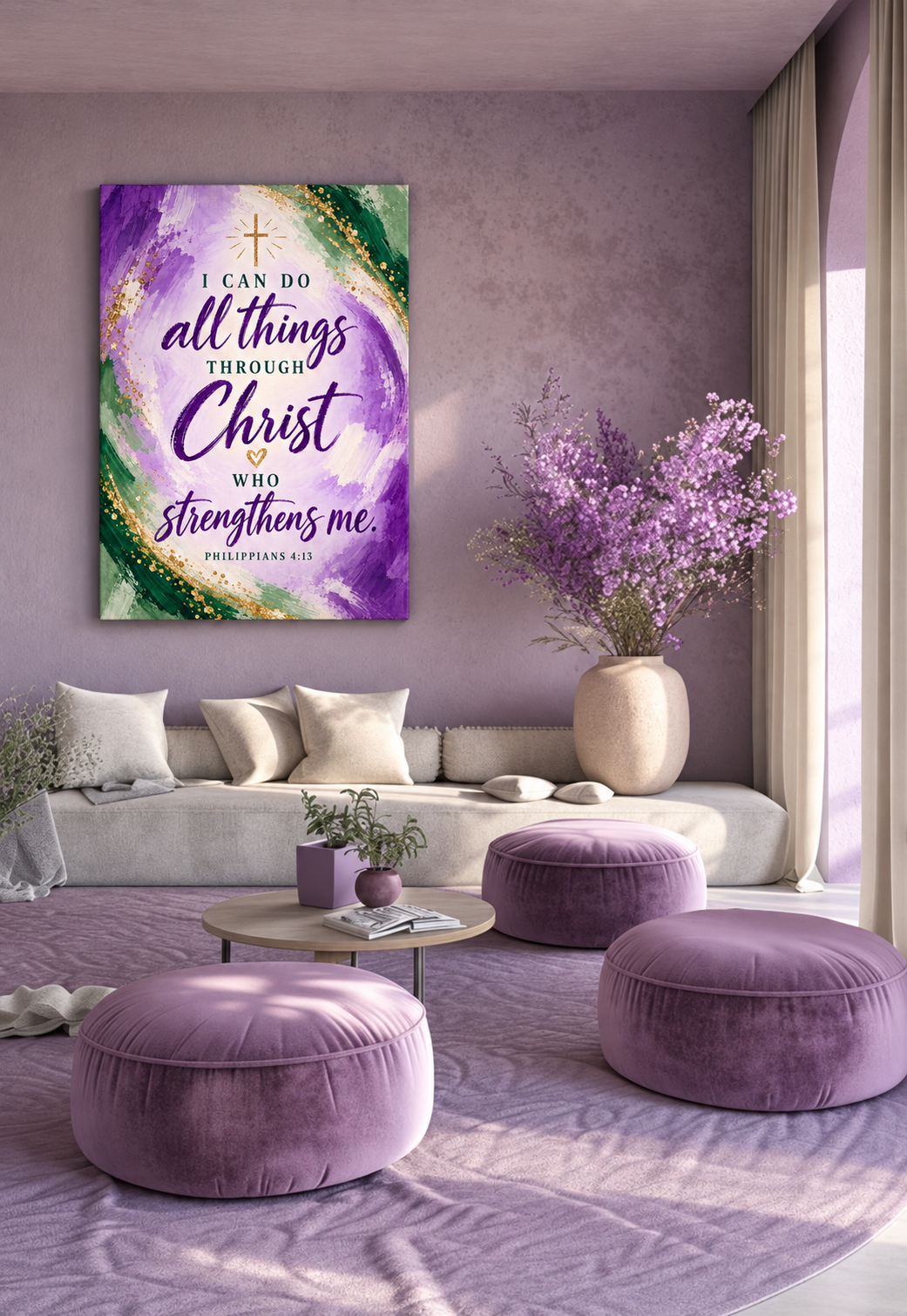 Philippians 4:13 Christian Canvas Wall Art — Purple, Green and Gold Inspirational Bible Verse Decor