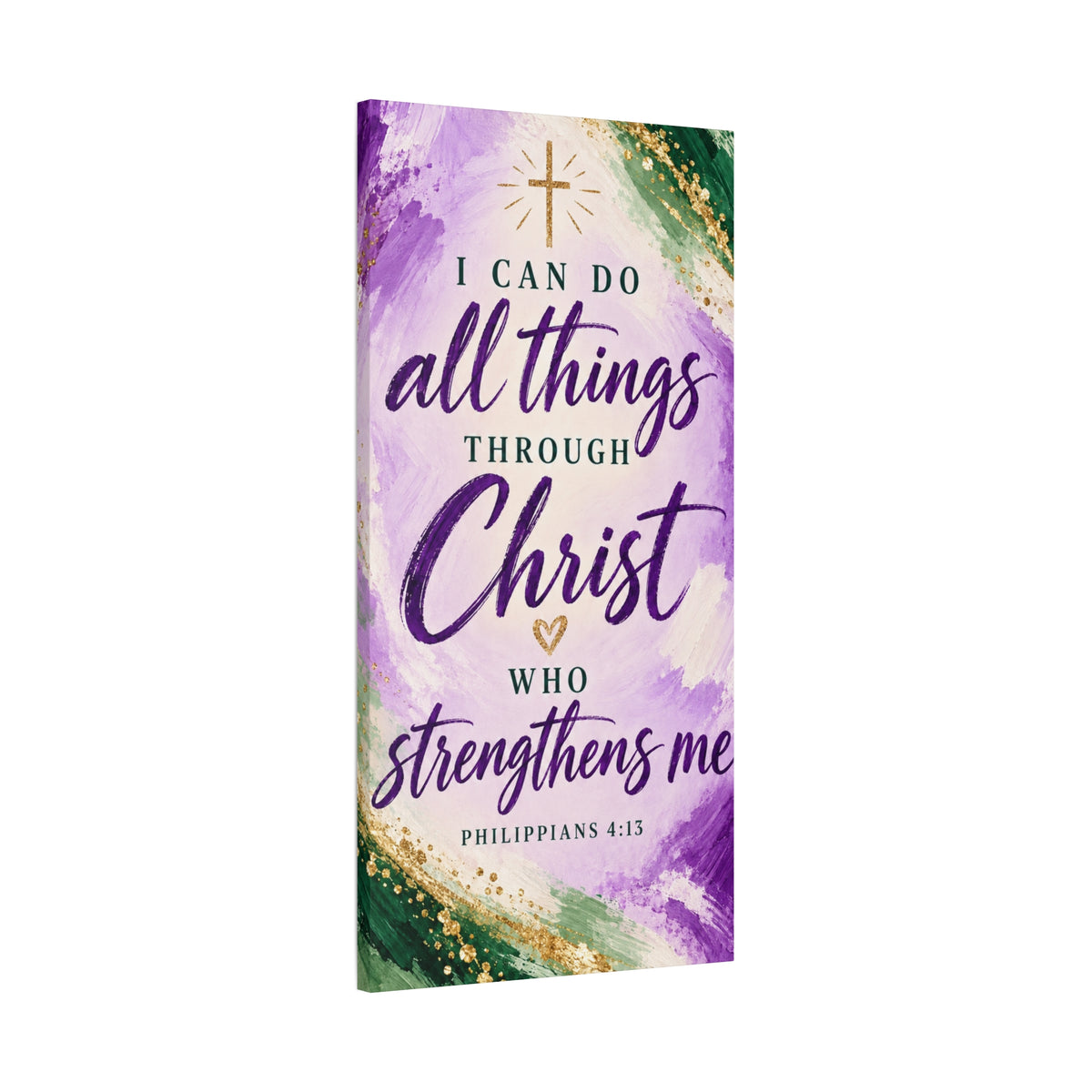 Philippians 4:13 Christian Canvas Wall Art — Purple, Green and Gold Inspirational Bible Verse Decor