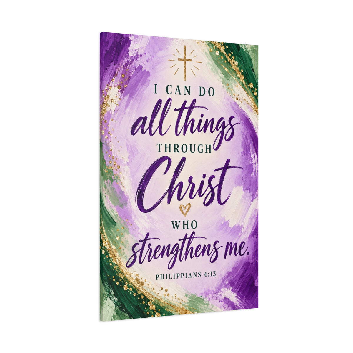 Philippians 4:13 Christian Canvas Wall Art — Purple, Green and Gold Inspirational Bible Verse Decor
