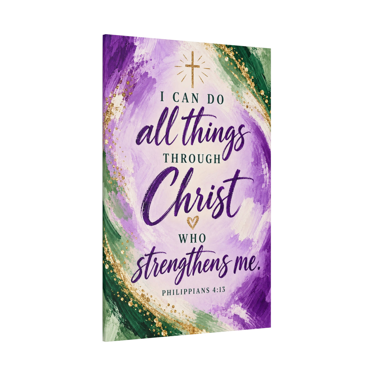 Philippians 4:13 Christian Canvas Wall Art — Purple, Green and Gold Inspirational Bible Verse Decor