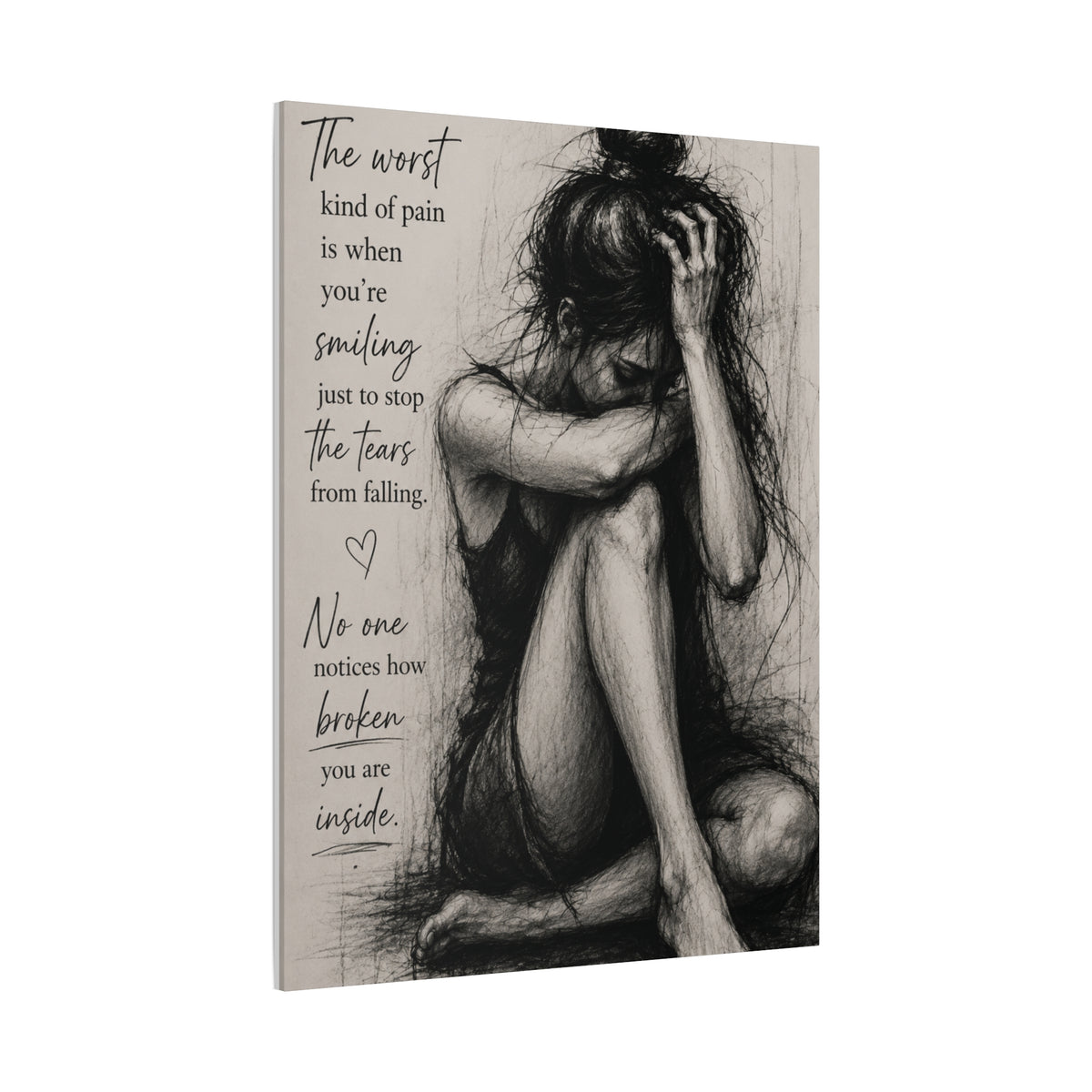 Silent Strength Canvas Wall Art — Emotional Woman Sketch & Healing Quote