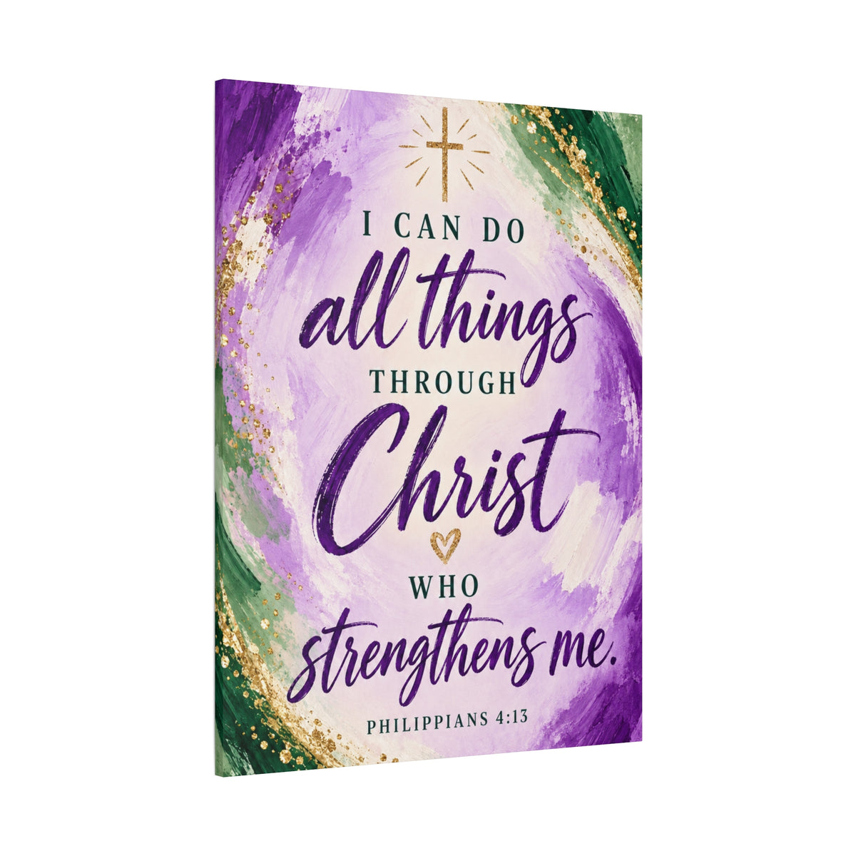 Philippians 4:13 Christian Canvas Wall Art — Purple, Green and Gold Inspirational Bible Verse Decor